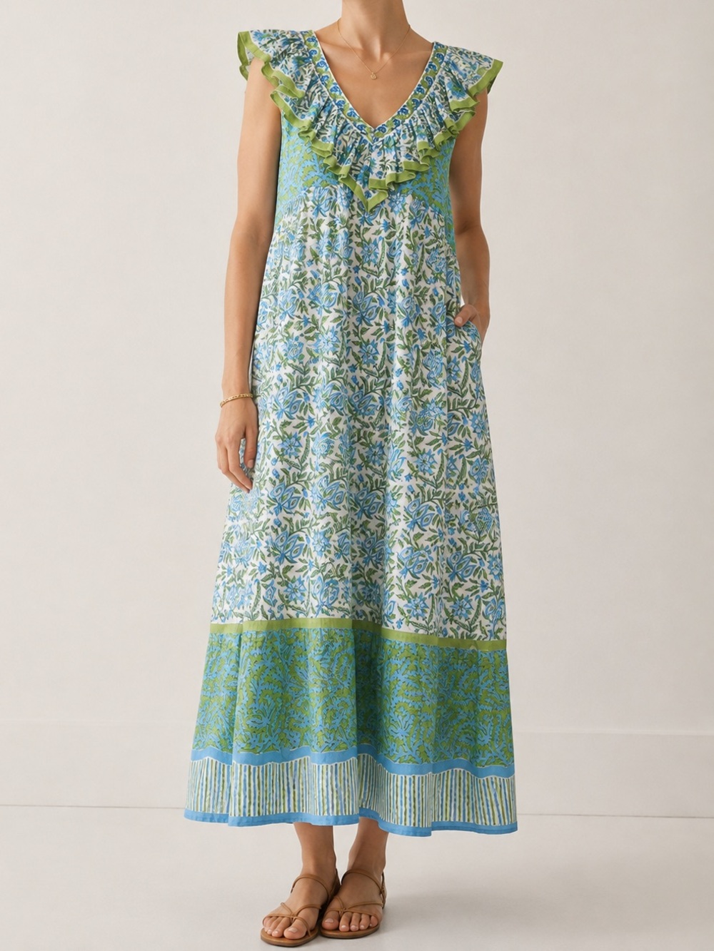 NEW Bella Tu Ruffle Neck Maxi Dress Resort Vacation Sundress. L16